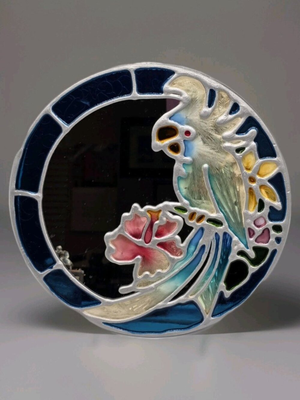 Leaded Stained Glass Tropical Parrot Bird Mirror Vintage Cockatoo Boho